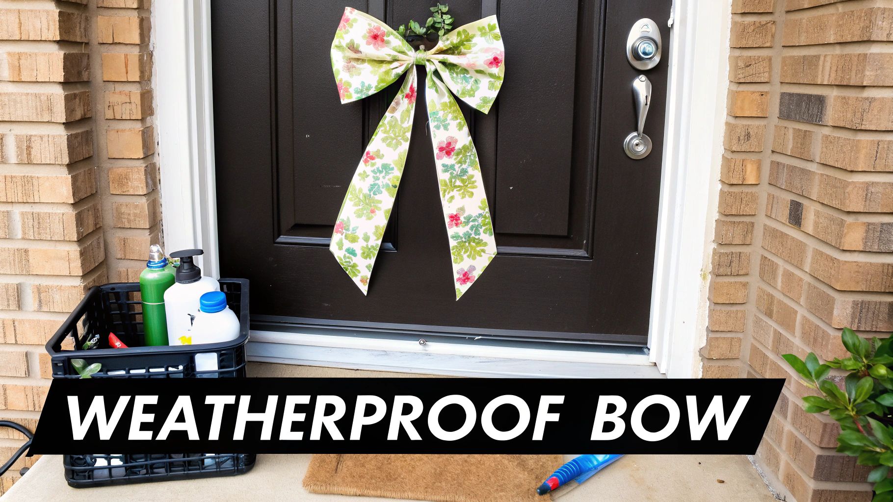 A vibrant floral bow adorns a dark brown front door, with a delivery basket on the porch.