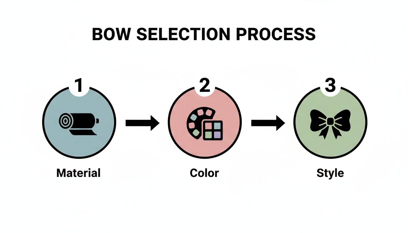 A diagram illustrating the three-step bow selection process: material, color, and style.