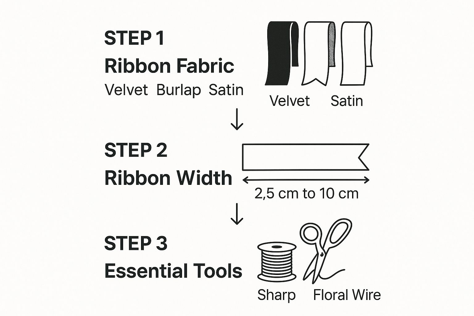 Infographic showing a three-step process for choosing bow-making materials: Ribbon Fabric, Ribbon Width, and Essential Tools.