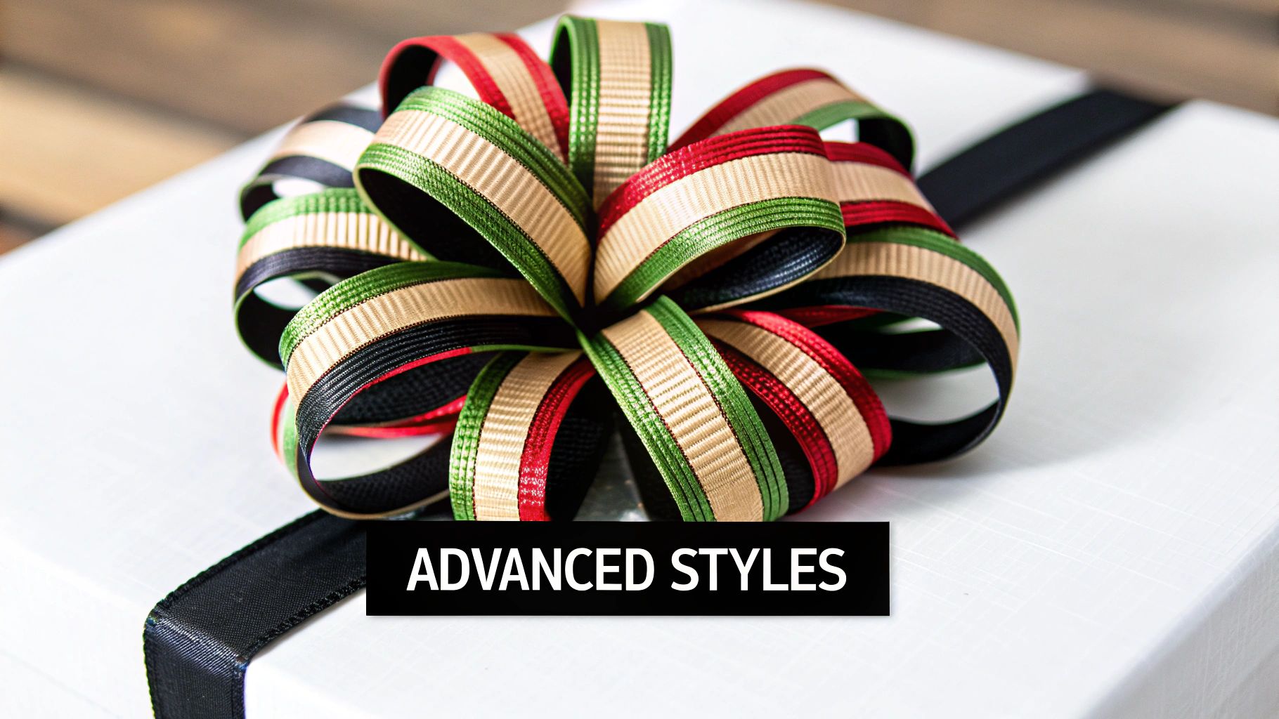 A large, beautiful gold and white striped ribbon bow on a green Christmas wreath.