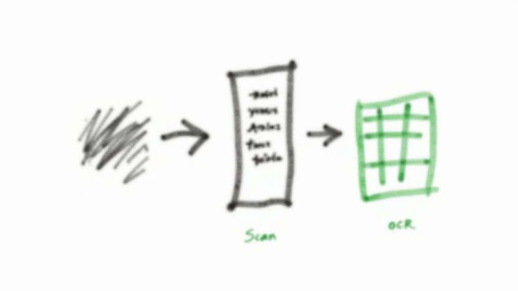 Workflow diagram illustrating how scanning and OCR transform messy document data into a structured spreadsheet.