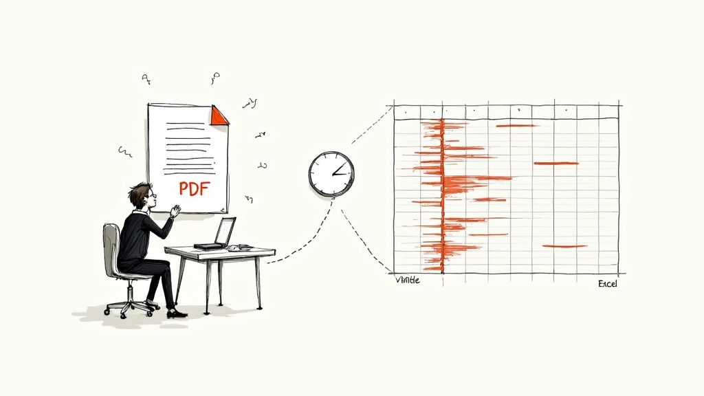 Illustration depicting a person converting data from a PDF document to an organized Excel spreadsheet.
