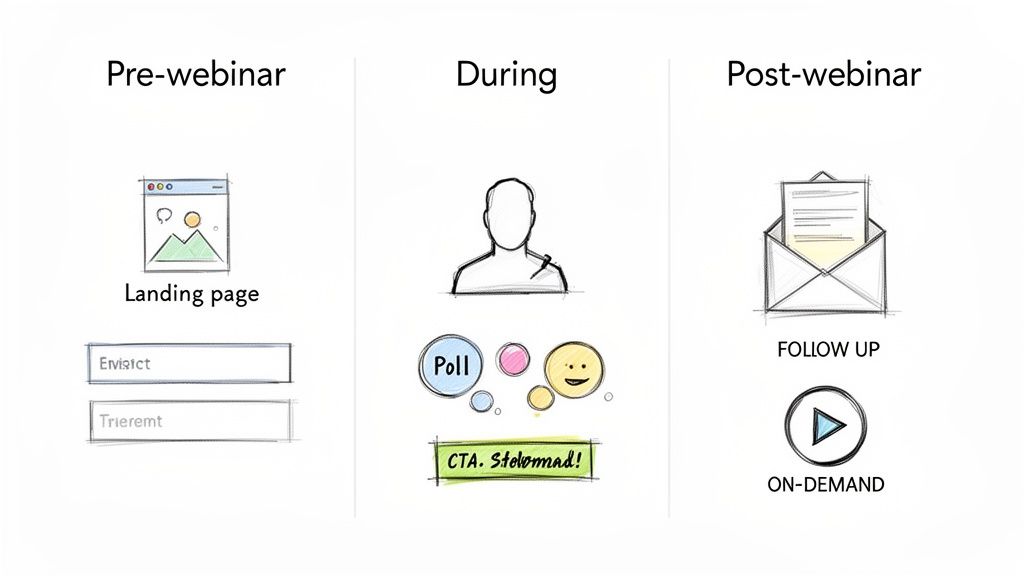 Webinar lifecycle diagram illustrating pre-webinar (landing page), during (poll, CTA), and post-webinar (follow-up, on-demand).