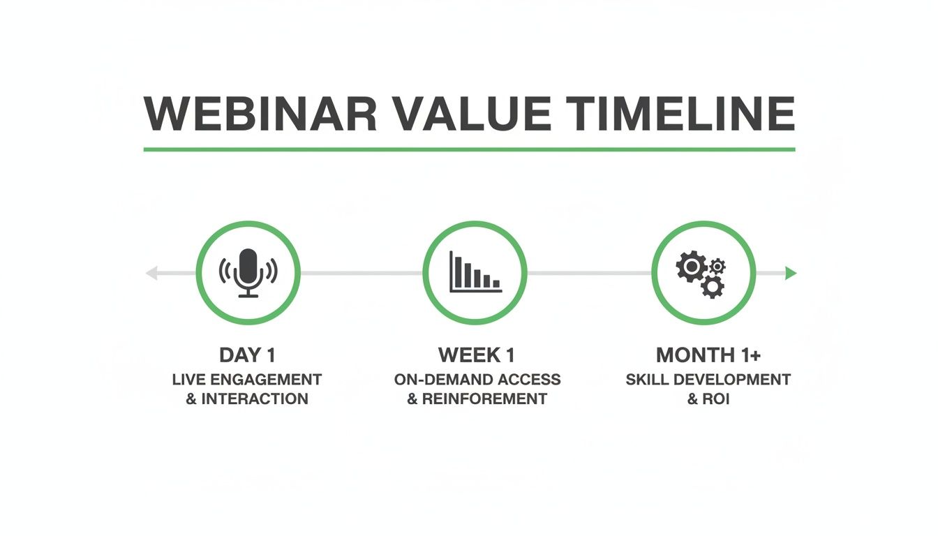 Webinar value timeline illustrating live engagement, on-demand access, and long-term skill development and ROI.