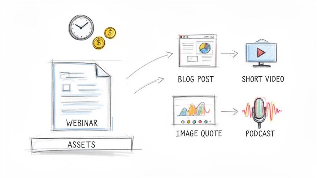Diagram showing how to repurpose a webinar into blog posts, short videos, image quotes, and podcasts.