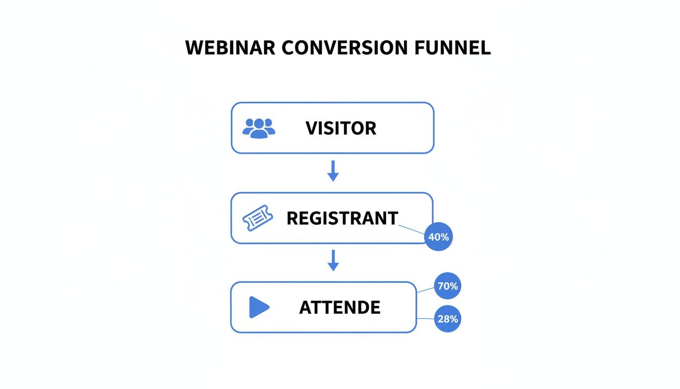 Webinar conversion funnel diagram showing visitor, registrant (40%), and attendee (70%, 28%) stages.