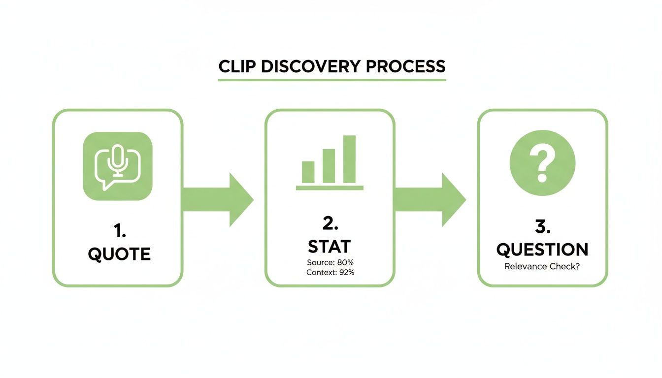 Infographic showing a clip discovery process with three steps: Quote, Stat, and Question with relevance check.