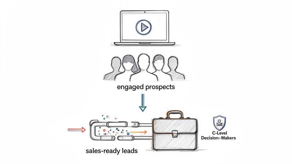 Diagram showing engaged prospects from a webinar becoming sales-ready leads for C-Level decision-makers via a conversion funnel.