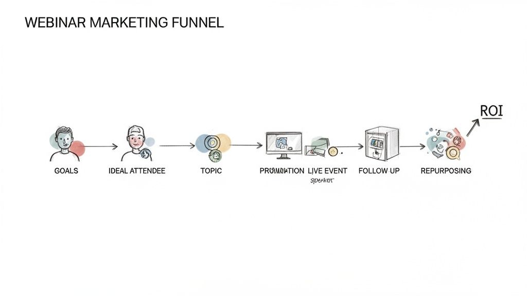 Webinar marketing funnel diagram illustrating steps from goals and ideal attendee to ROI.