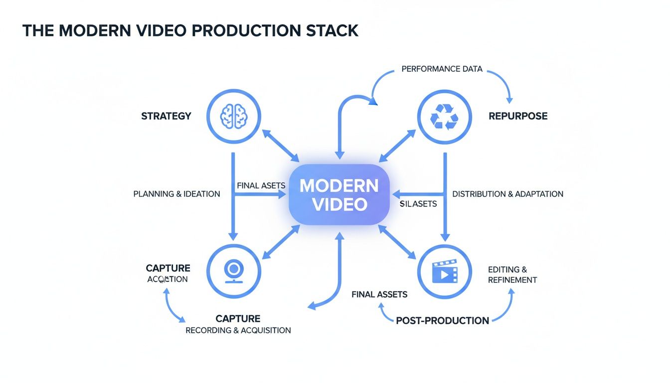 Diagram outlining the modern video production stack, detailing strategy, capture, post-production, and repurposing stages.
