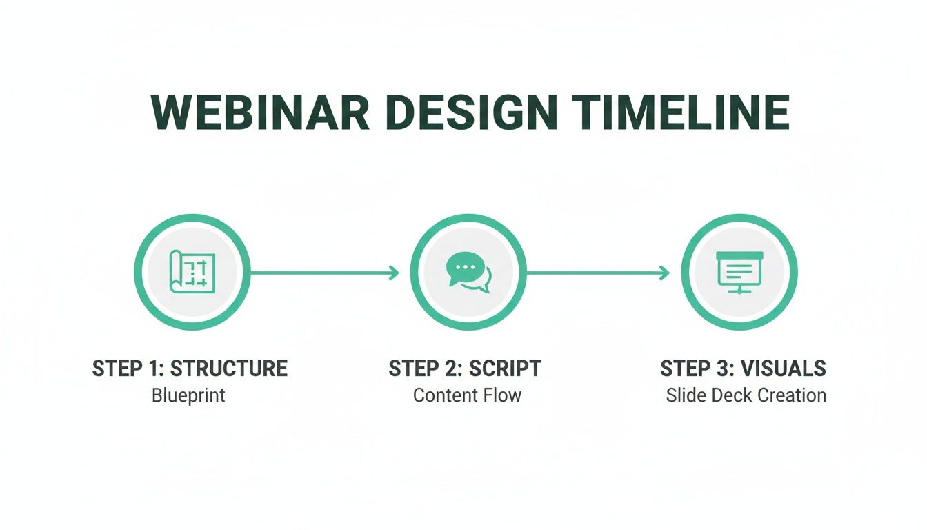 Webinar design timeline illustrating three steps: structure blueprint, script content flow, and visuals creation.