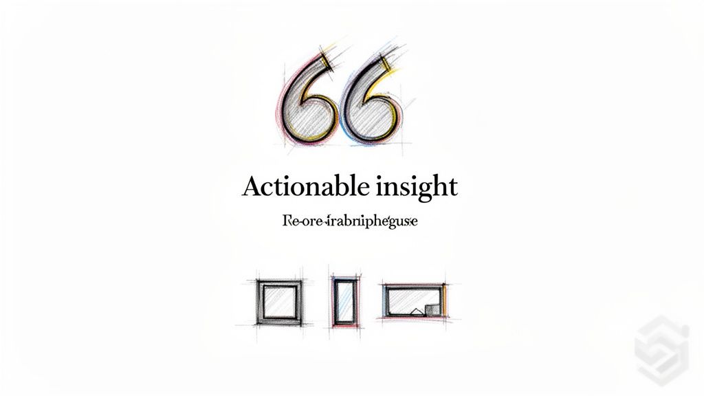Stylized quotation marks above 'Actionable insight' text with architectural window sketches.