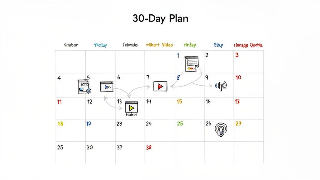 A 30-day content plan calendar demonstrating repurposing a webinar into various content formats.