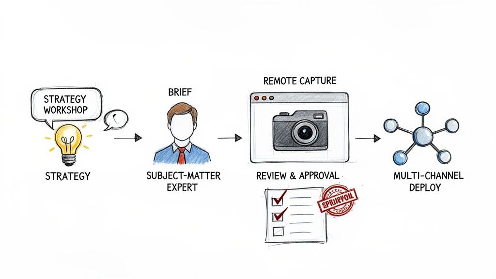 A hand-drawn diagram illustrating a five-step content production workflow: strategy, expert brief, remote capture, review, and multi-channel deployment.