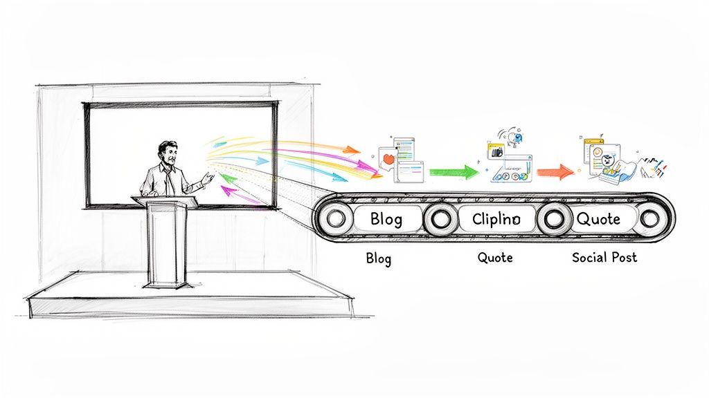 Speaker transforms presentation into blog, quotes, and social posts using a content repurposing workflow.