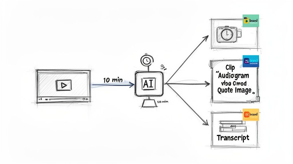 Diagram showing an AI system processing a 10-minute video into various content outputs like clips, audiograms, quote images, and transcripts.