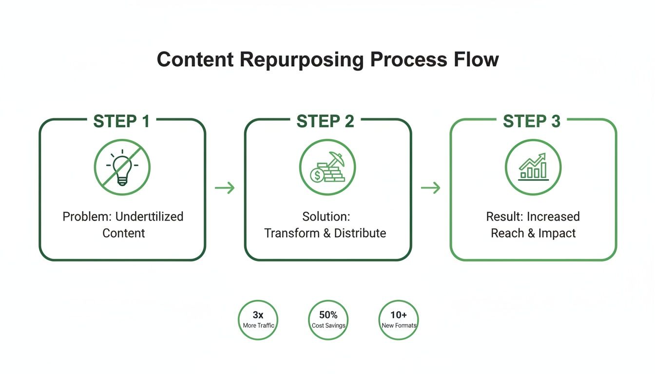 A flowchart illustrating the content repurposing process, from problem to solution, yielding increased reach, traffic, and cost savings.