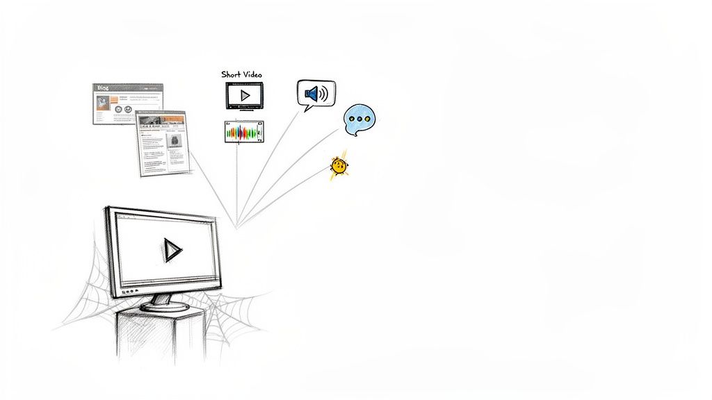 A monitor displays video, connected by lines to various digital content types like blogs, short videos, audio, and chat bubbles.