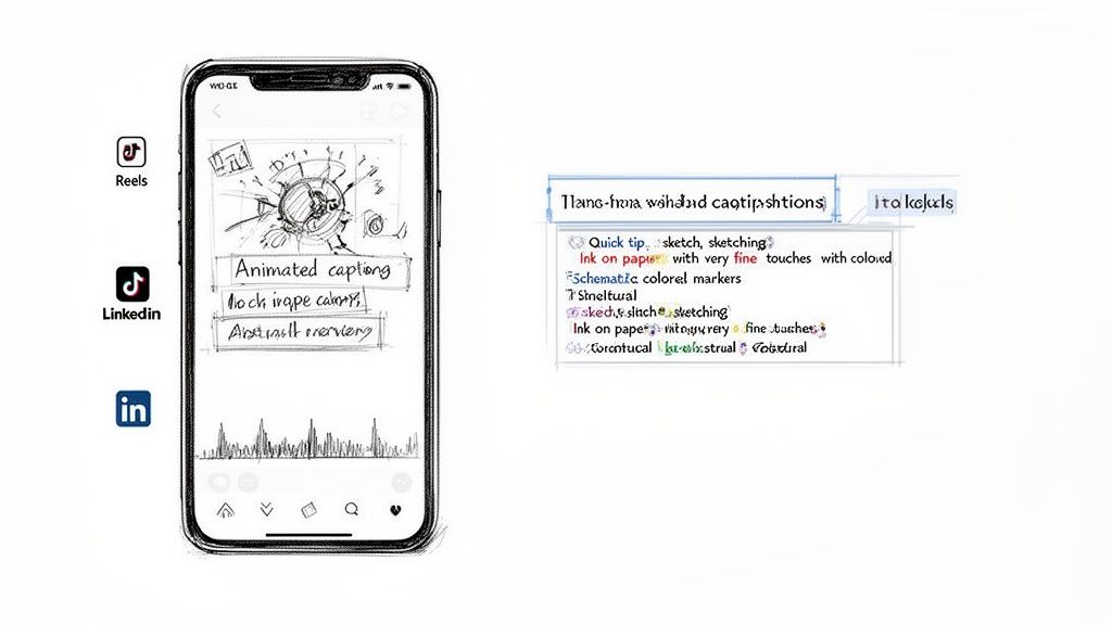 A smartphone screen shows a sketch and animated caption, with social media icons and sketching tips.