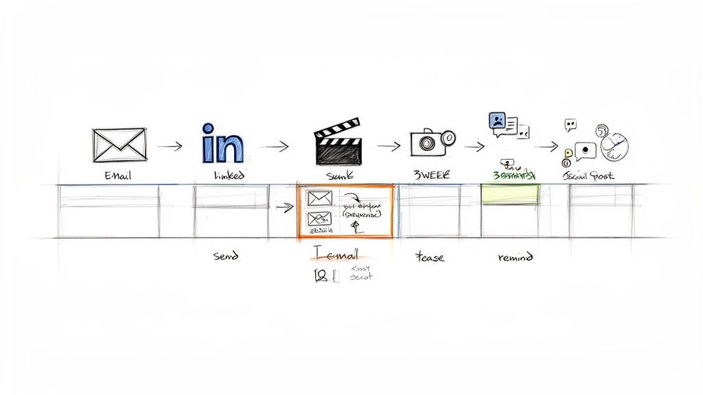 A hand-drawn workflow diagram illustrating a lead generation sequence from email outreach to social media posts.