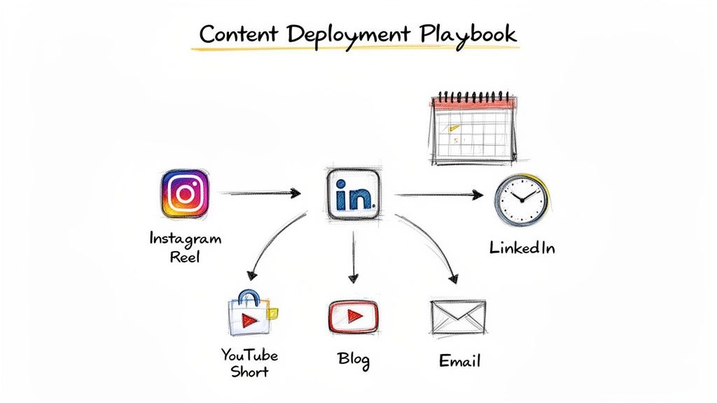 Visual playbook demonstrating content deployment strategy from Instagram Reel to LinkedIn, YouTube Short, Blog, and Email.
