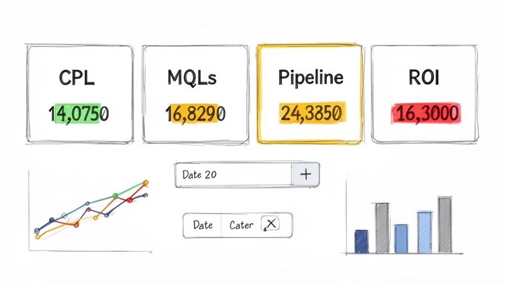 A hand-drawn business analytics dashboard with key performance indicators, line graph, and bar chart.