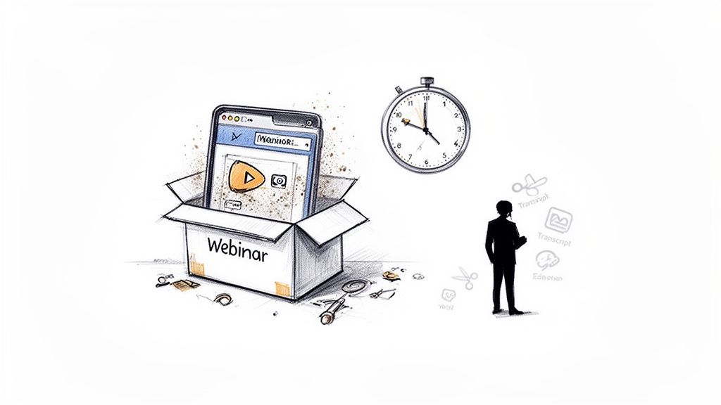 Illustration of a webinar on a screen in a box, a stopwatch, and a person with editing tools.