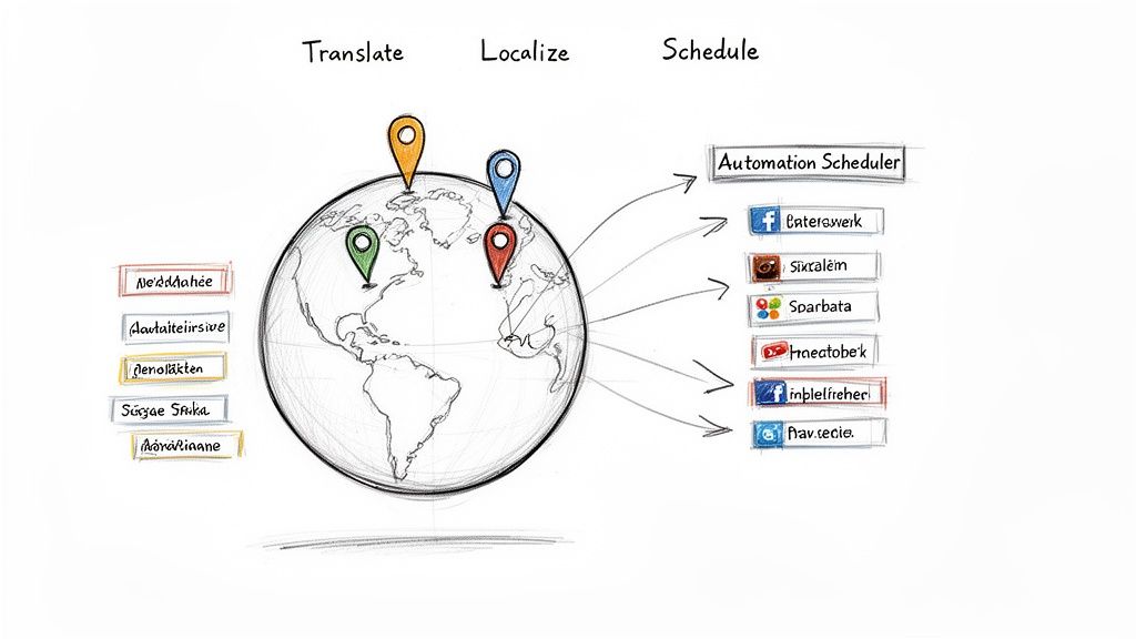 Illustration of global content translation, localization, and scheduling across various platforms.
