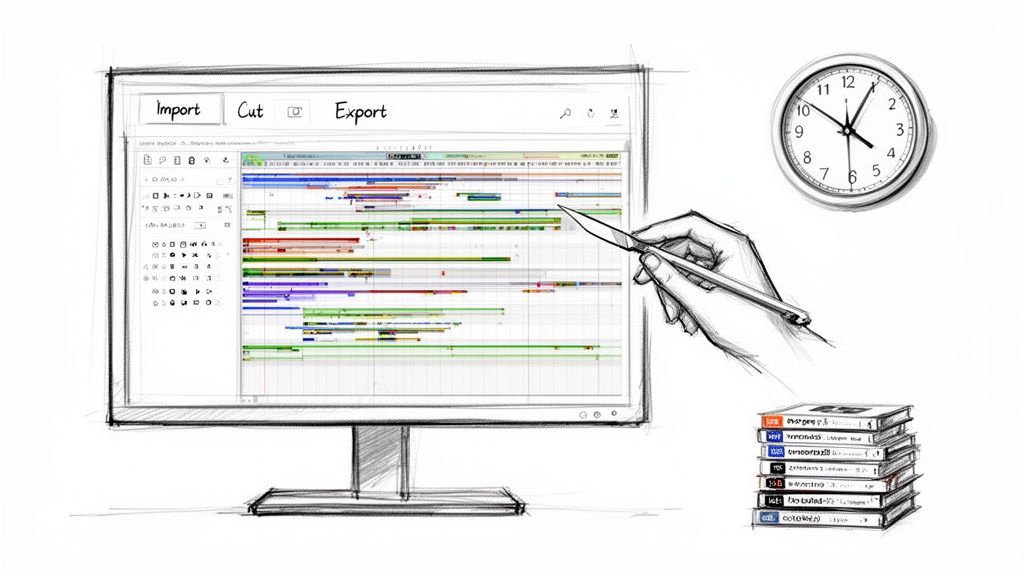 A sketch of a hand editing video clips on a computer monitor displaying a timeline, with a clock and books.