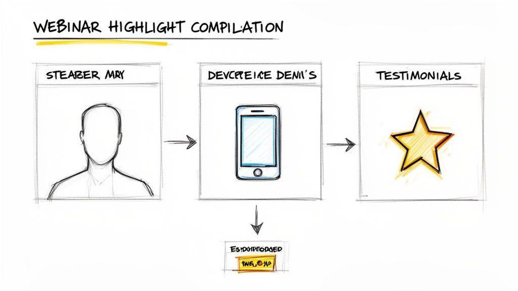 Diagram showing a webinar highlight compilation process: speaker, device demo, and testimonials.