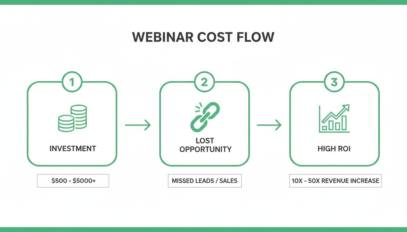 Webinar cost flow infographic illustrating investment, lost opportunity, and potential high ROI.