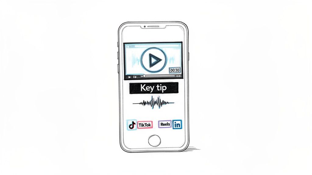 A smartphone screen shows a video player, 'Key tip' text, audio waveform, and social media logos.