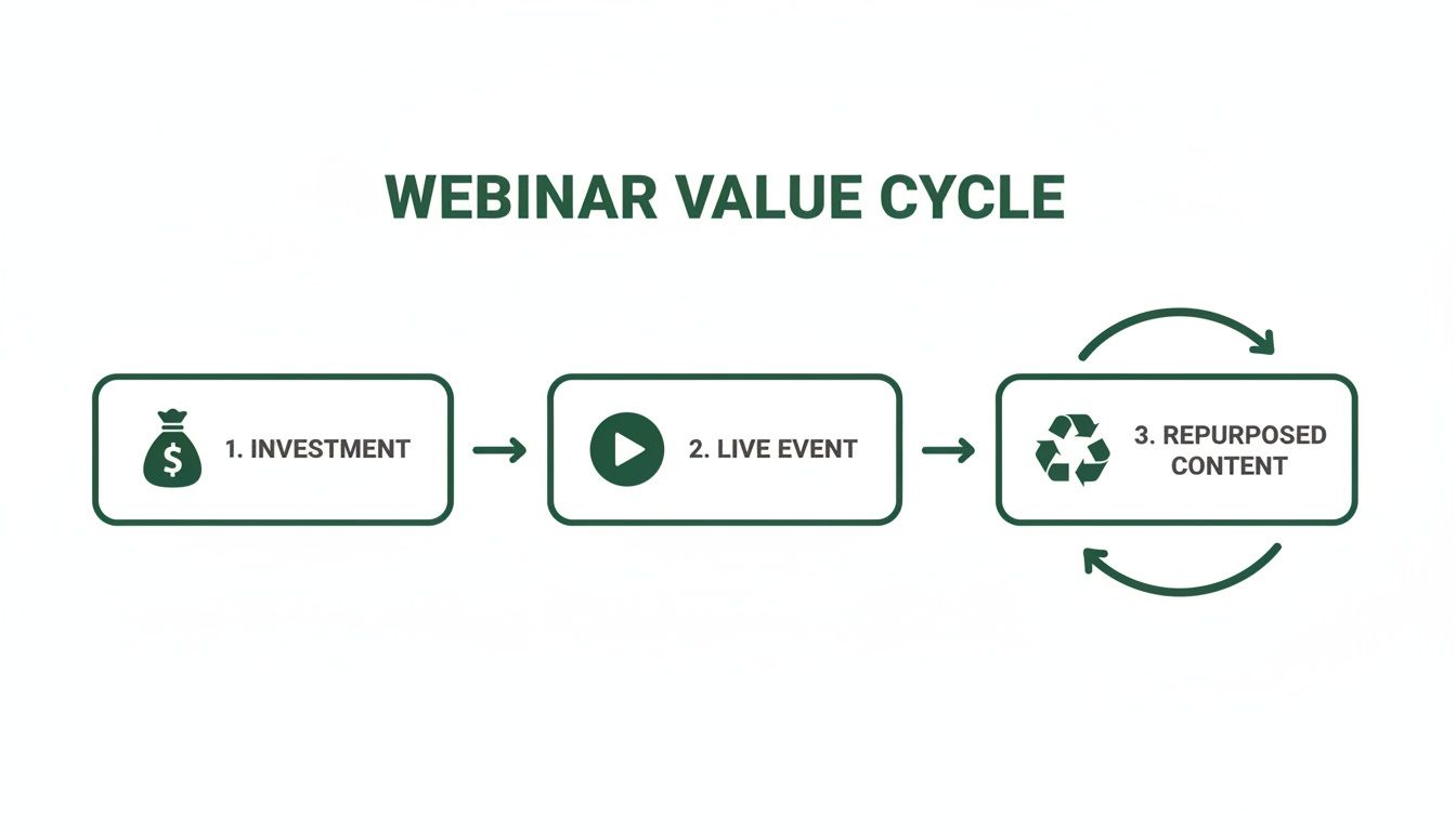 Infographic illustrating the webinar value cycle: investment leads to live event, then to continuously repurposed content.