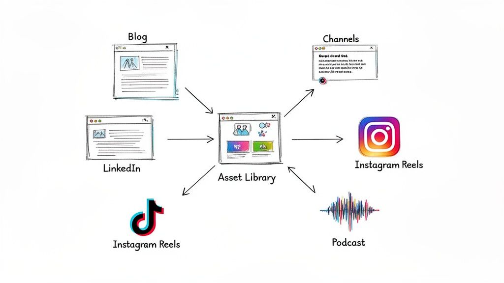 Diagram showing a central asset library distributing content to various platforms like blogs, social media, and podcasts.