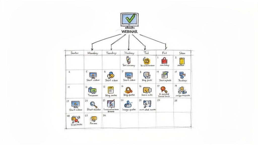 A detailed content calendar showing how to repurpose a webinar into various digital content formats daily.