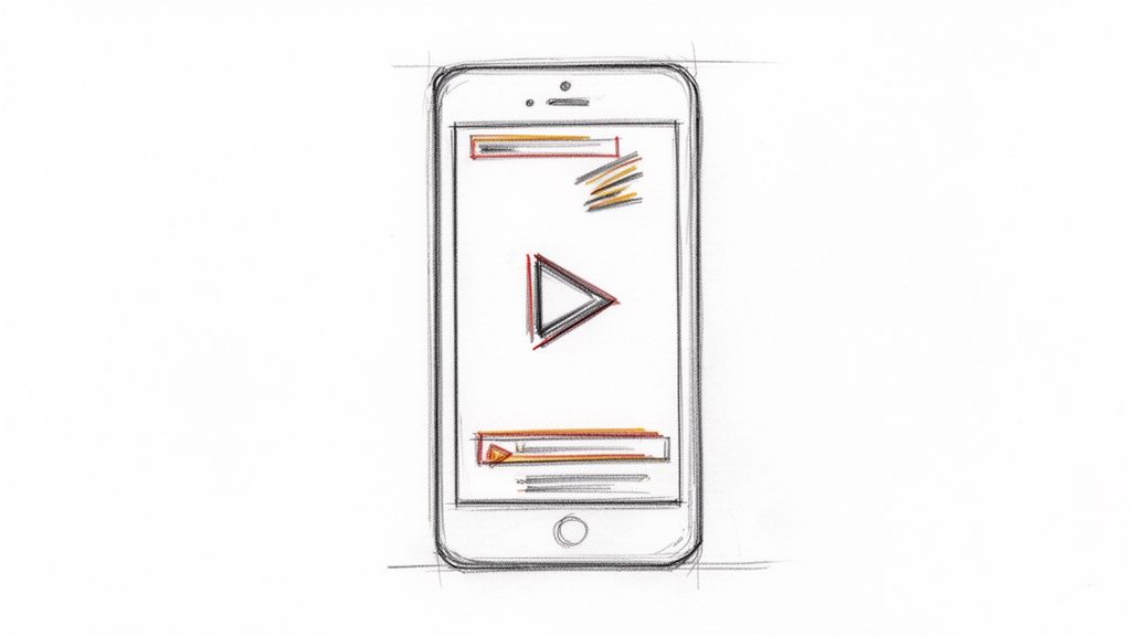 Sketch of a mobile phone screen showing a video player interface with a play button and timeline.