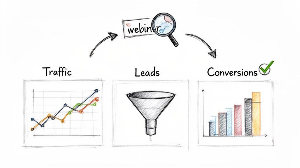 Diagram illustrating the marketing funnel process: traffic, leads with a funnel, and conversions with a bar chart, related to a webinar.
