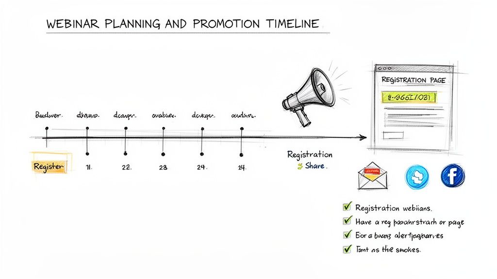 A hand-drawn timeline illustrating webinar planning and promotion, featuring registration, megaphone, and social media icons.