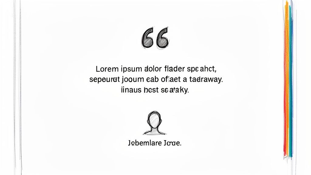 A presentation slide with a sketched quote, placeholder text, a speaker icon, and a colorful striped border.
