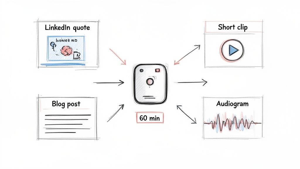 A diagram showing a 60-minute content piece being repurposed into a LinkedIn quote, short clip, audiogram, and blog post.