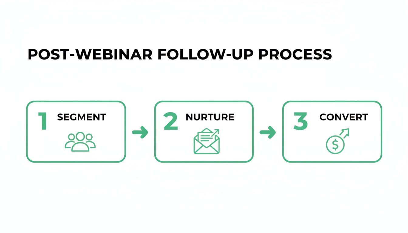A diagram outlining a three-step post-webinar follow-up process: segmenting leads, nurturing them, and converting.