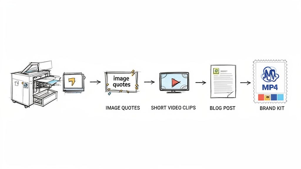 A diagram illustrates content repurposing from an original source into image quotes, video clips, blog posts, and a brand kit.