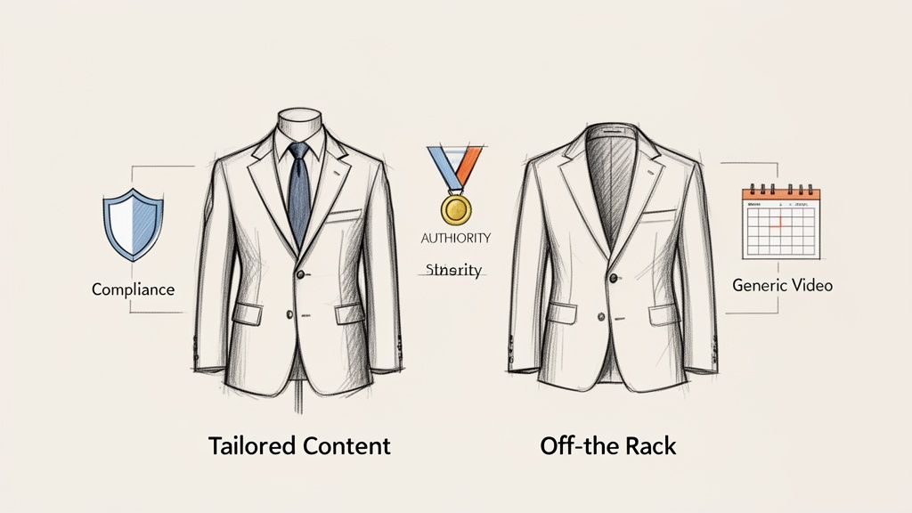 Visual comparison of tailored content featuring a suit with compliance and authority versus off-the-rack content with a generic video.