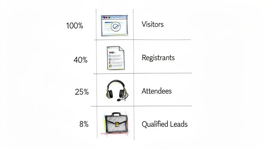 A webinar conversion rate funnel showing visitor, registrant, attendee, and qualified lead percentages.