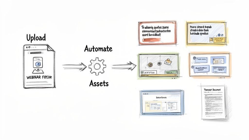 Diagram illustrating a webinar file being uploaded, then automated to generate various content assets like transcripts, quotes, and video snippets.