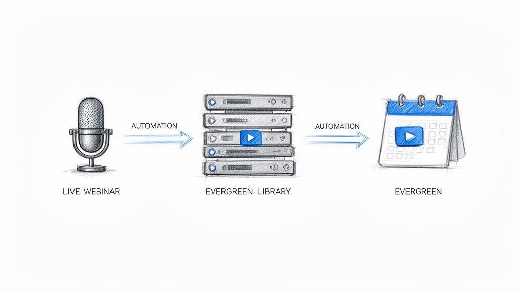 Diagram illustrating live webinar automation into an evergreen content library for scheduled playback.