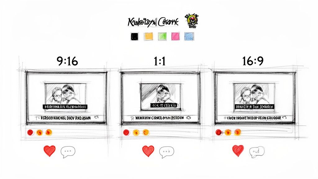 Sketch illustrating social media post layouts with different aspect ratios: 9:16, 1:1, and 16:9.