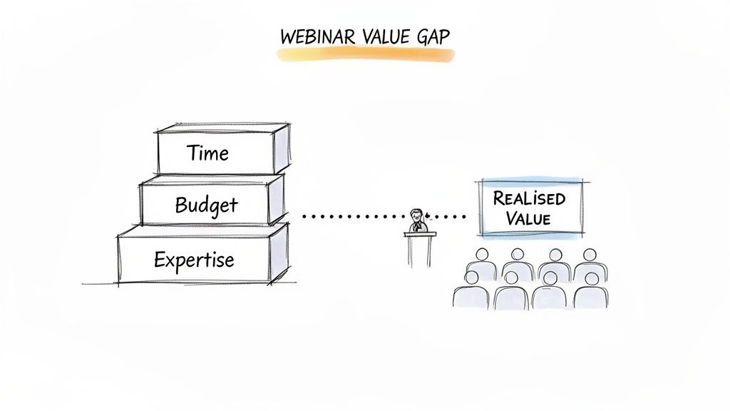 A diagram illustrating the webinar value gap, showing inputs like time, budget, expertise, leading to realised value.