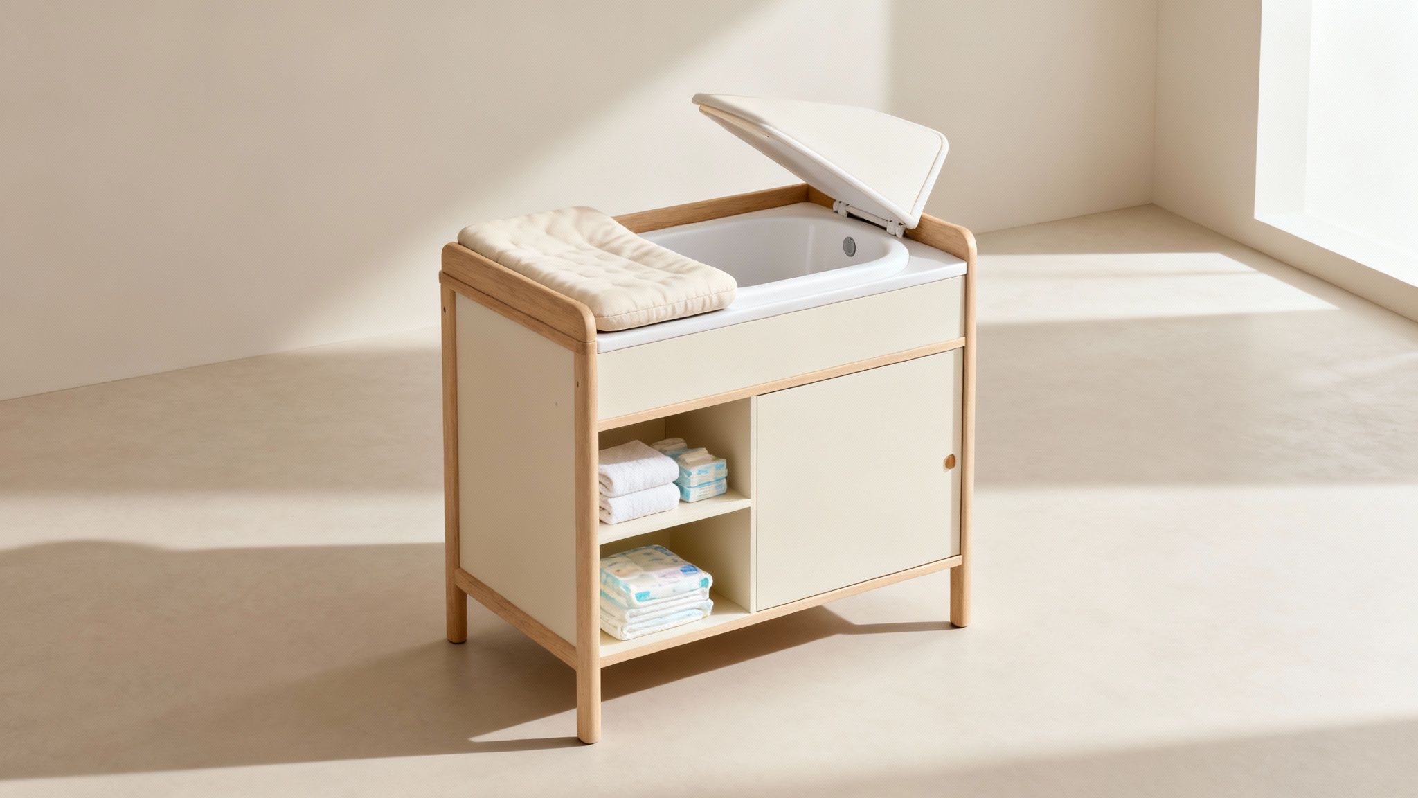 Modern baby changing table with integrated bath, changing mat, towels, and diapers in a bright room.
