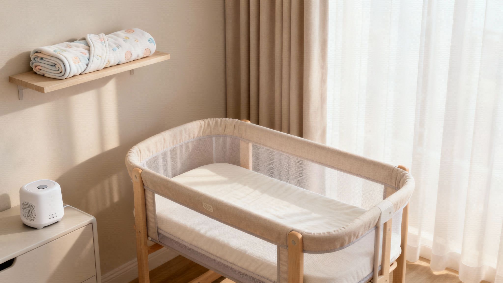 A minimalist baby nursery with a bassinet, a shelf with folded blankets, and a sound machine.